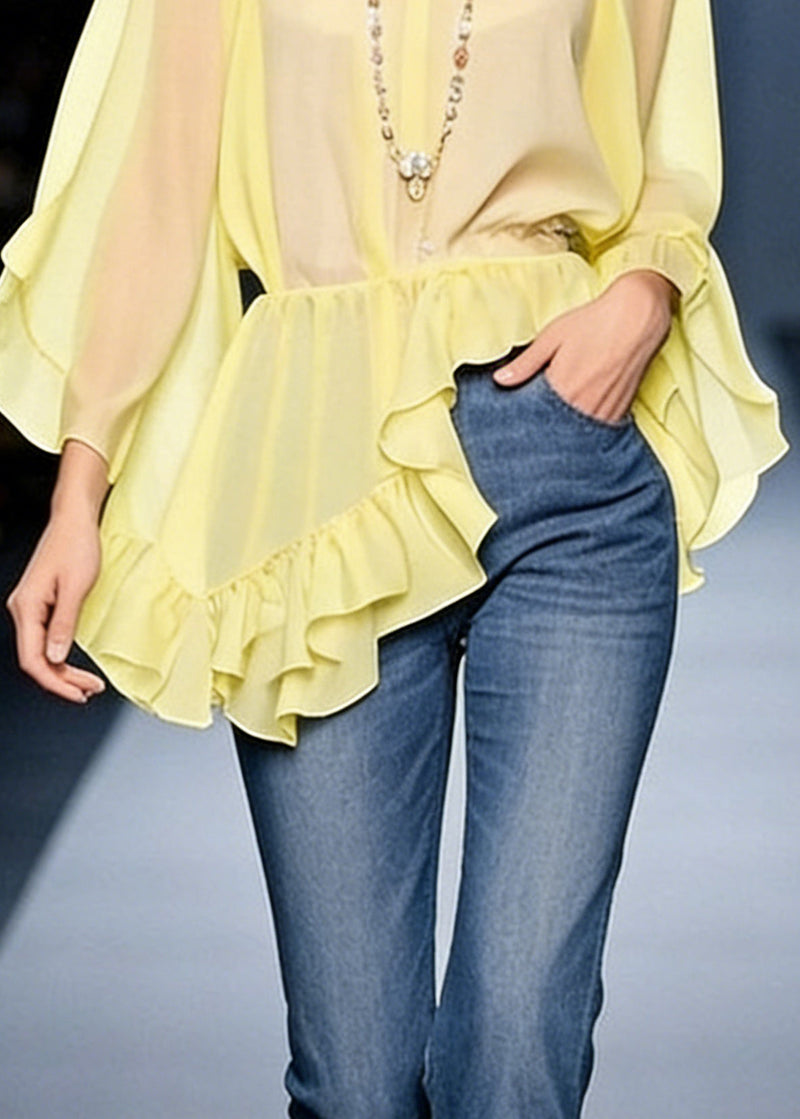 Art Yellow Asymmetrical Ruffled Chiffon Blouses Spring