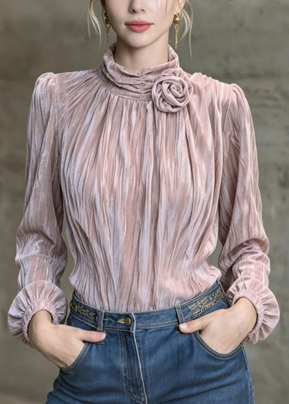 French Purple Wrinkled Velour Shirt Top Spring