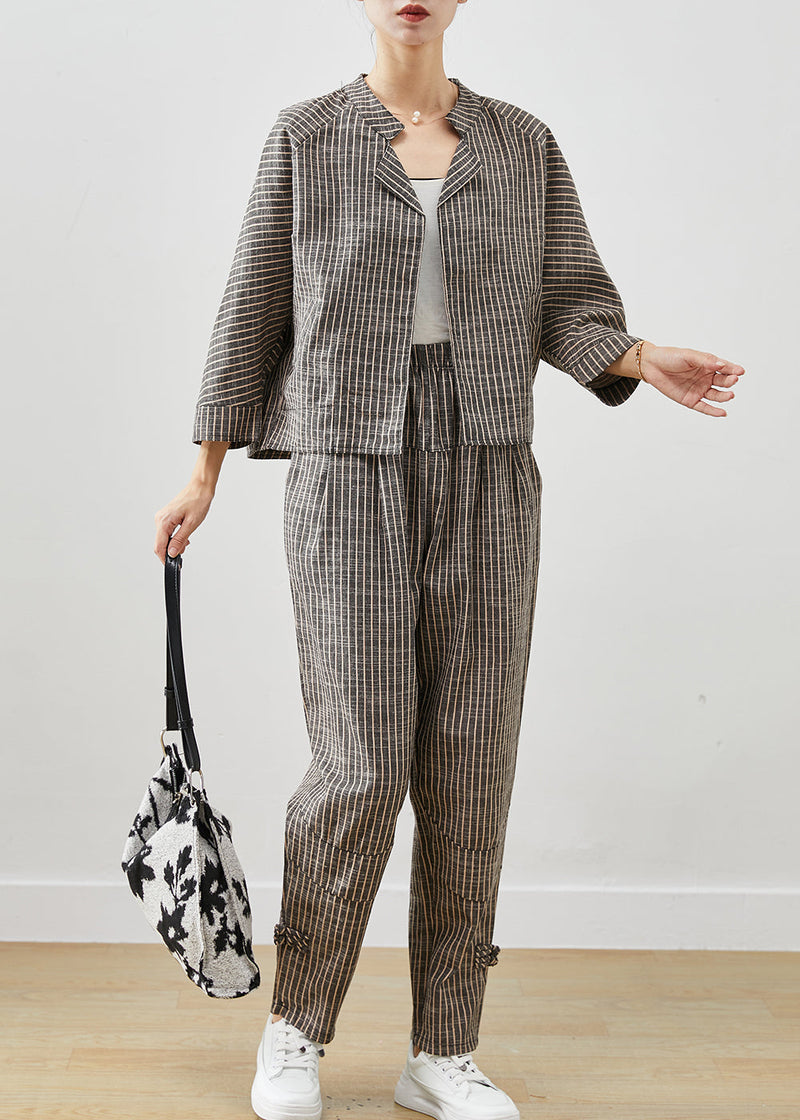 Grey Striped Linen Two Pieces Set Spring