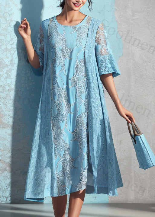 Natural Blue O Neck Print False Two Pieces Silk Dresses Summer