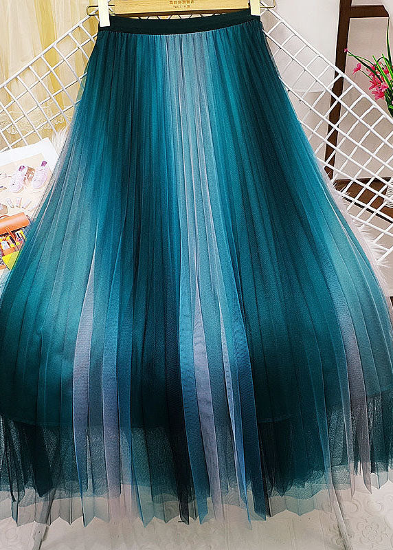Unique Blue Elastic Waist Gradient Color Wrinkled Tulle a Line Skirts Spring