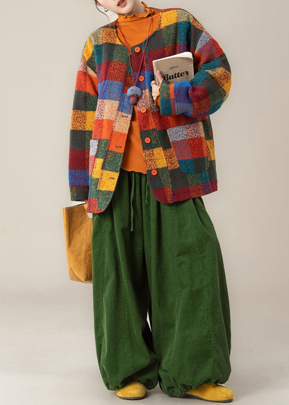Plaid Pockets Woolen Coat and Green Pants Two Pieces Set Winter