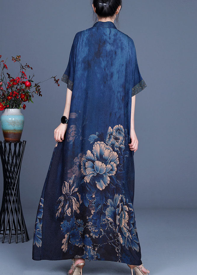 Blue Print Silk Dresses Half Sleeve