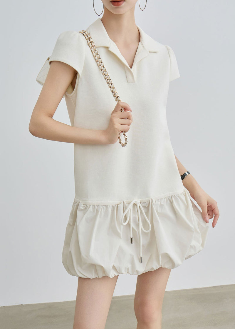 Beige Peter Pan Collar Lace Up Cotton T Shirts Dress Summer