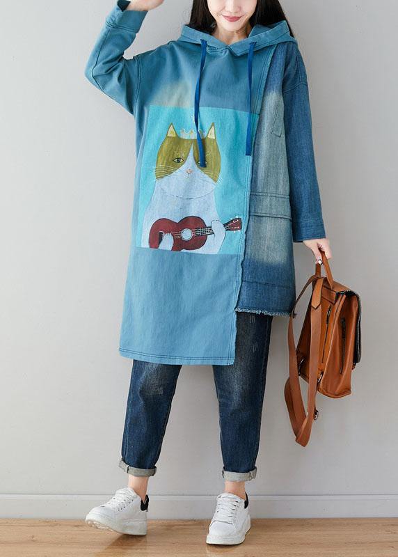 Blue Hooded Pockets Patchwork Asymmetrical Design Print Fall Pullover Sweatshirt