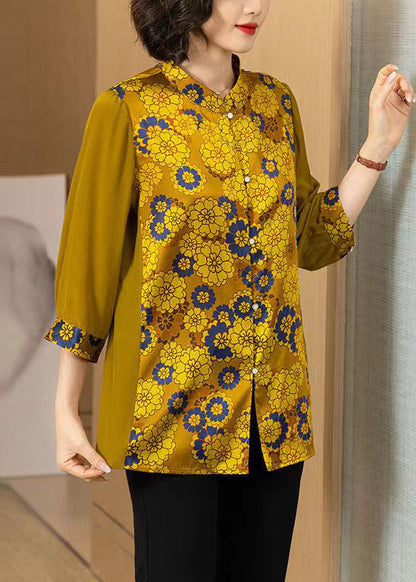 Yellow Print Button Patchwork Silk Shirt Bracelet Sleeve