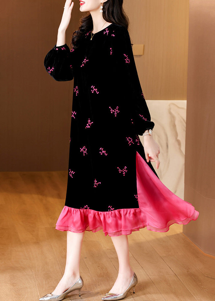 Italian Black Embroidered Pockets Patchwork Silk Velour Long Dresses Spring