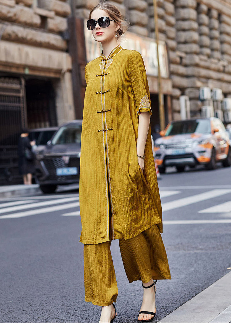 French Yellow Embroideried Chinese Button Silk Two-piece Set Fall