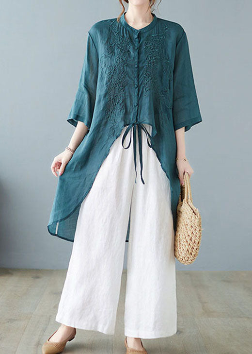Italian Green Asymmetrical Tie Waist Linen Shirts Half Sleeve