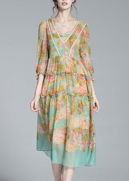 Yellow Green V Neck Print Patchwork Ruffled Maxi Dresses Summer