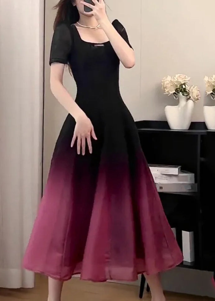 Black O-neck Gradient Color Long Dresses Short Sleeve