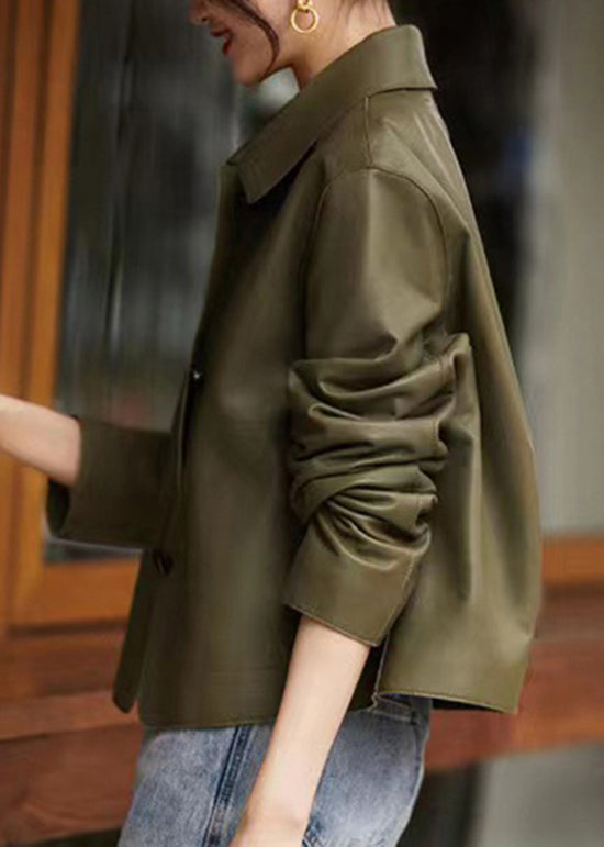 Green Peter Pan Collar Pockets Patchwork Sheepskin Coats Fall