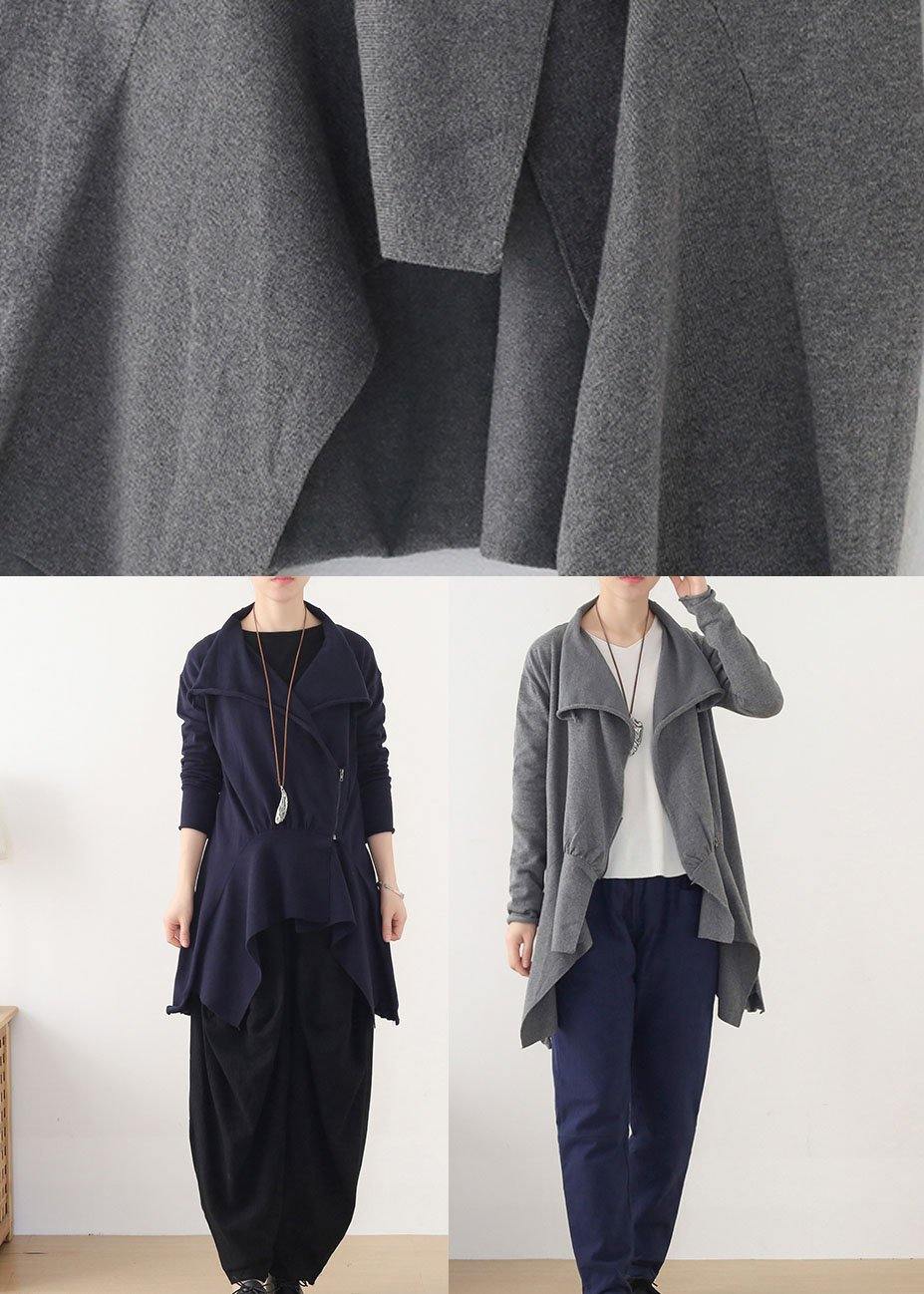 Style Blue Asymmetrical Design Zippered Fall Coat Short