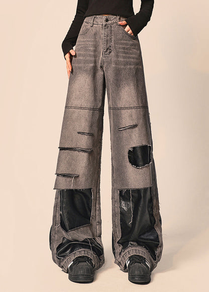 Original Black Gray Distressed Patchwork Denim Straight Pants Autumn