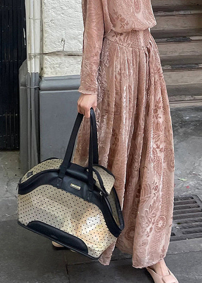 French Turtleneck Print Flattering Silk Velour Long Dresses Spring