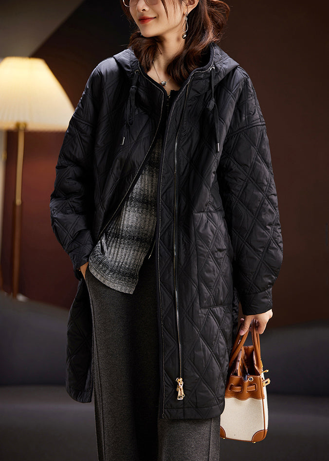 Black Hooded Zippered Pockets Cotton Filled Coats Spring