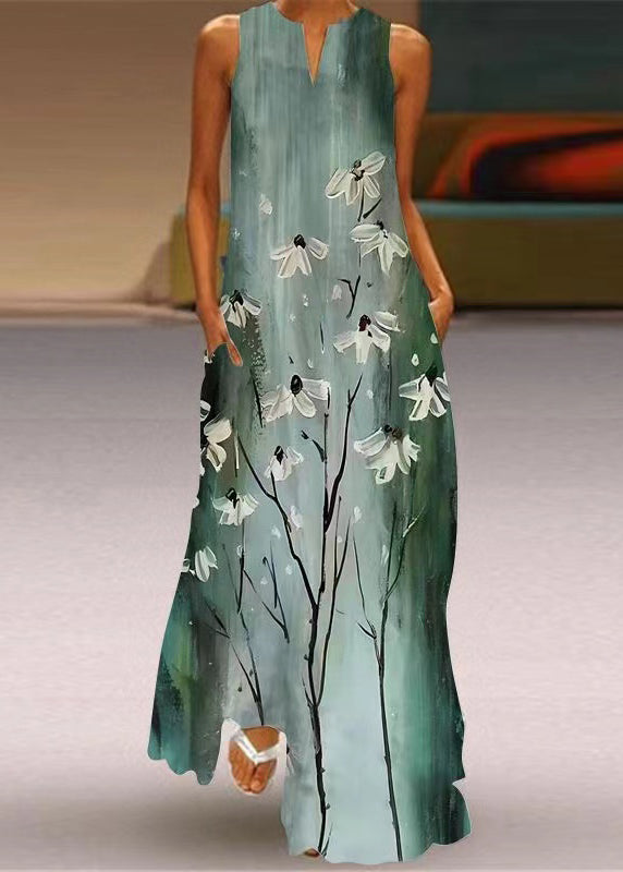 Unique White O-neck Print Maxi Dresses Sleeveless