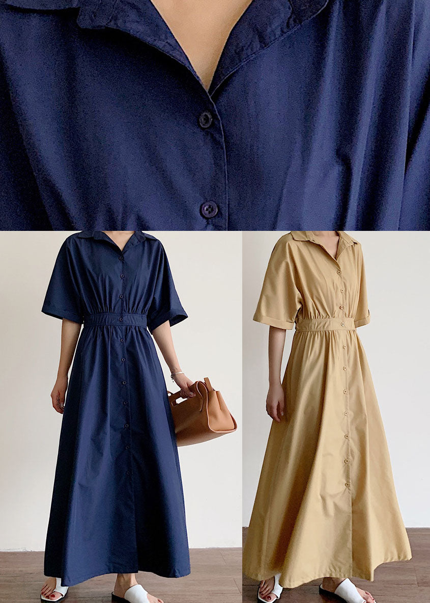 Modern Navy Peter Pan Collar Wrinkled Cotton Dress Half Sleeve