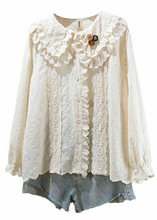 Beige Embroideried Button Cotton Blouses Long Sleeve