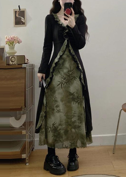 Tea Green Ruffled Patchwork Bamboo Print Cotton Dress Fall