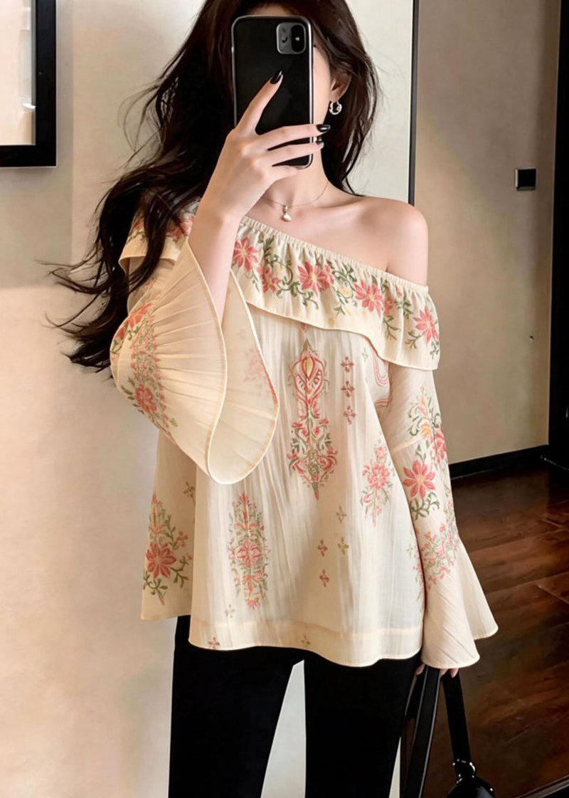 Beige Slash Neck Print Cotton Strapless Blouses Spring