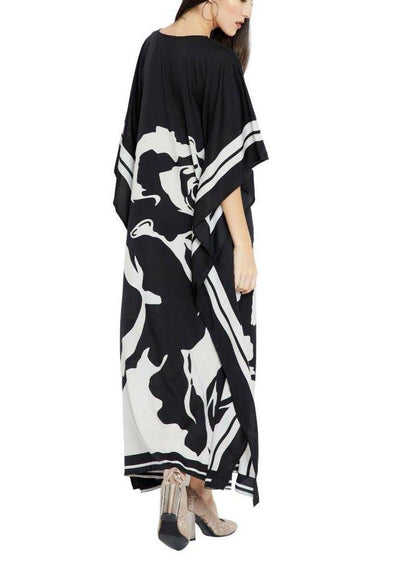 French Black White Half Sleeve Kimono Robe Mid Chiffon Dress