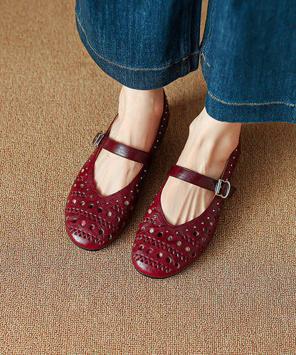 Handmade Buckle Strap Splicing Wedge Shoes Black Sheepskin Hollow Out