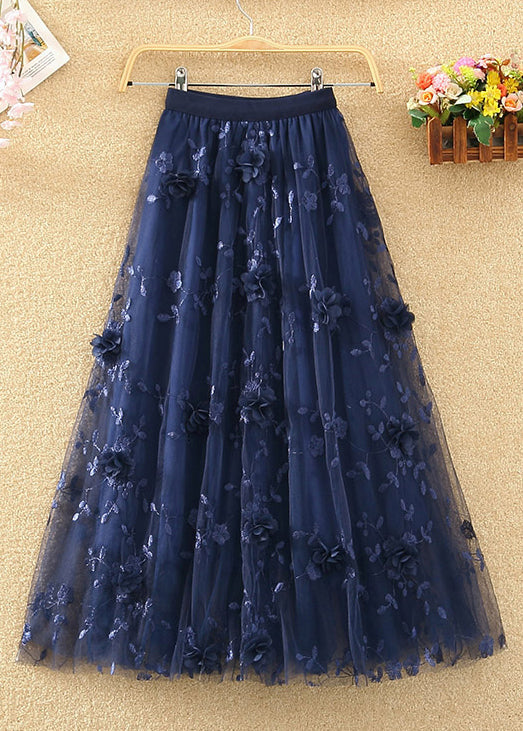 Navy Embroidered Elastic Waist Tulle Skirts Summer