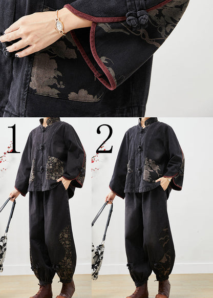 Black Stand Collar Patchwork Print Denim 2 Piece Outfit Fall