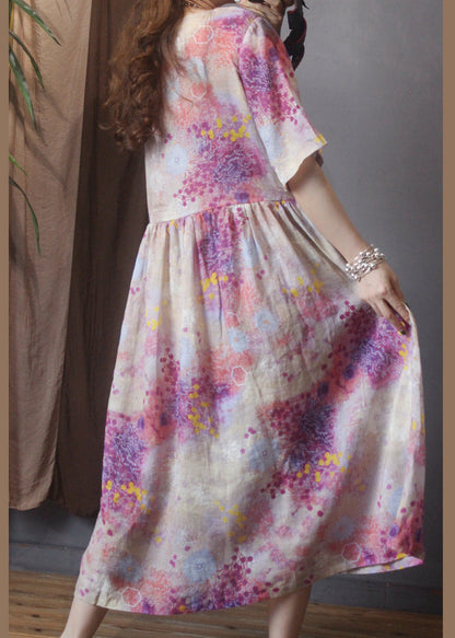 Classy Pink O-neck Drawstring Linen Mid Dress Half Sleeve