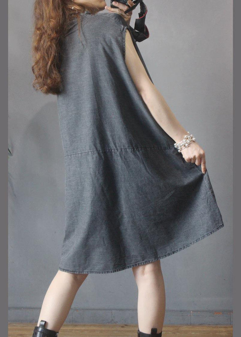 Fitted Black Grey O-neck Low High Design Summer Denim Mid Dress