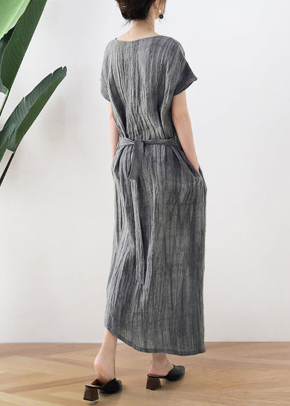 Grey Tie Dye Long Dresses Tie Waist Short Sleeve