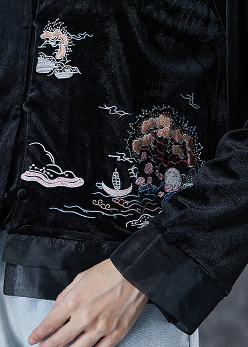 Art Black Embroideried Patchwork Silk Velour Jacket Fall