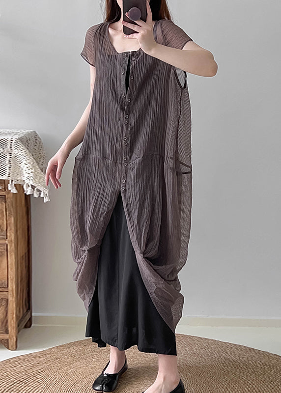 Grey Silk Two Piece Set Clothing Asymmetrical Wrinkled Summer