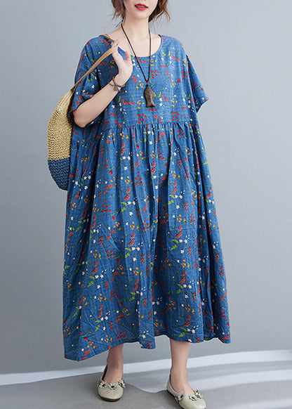 Blue O-neck Wrinkled Maxi Dress Summer
