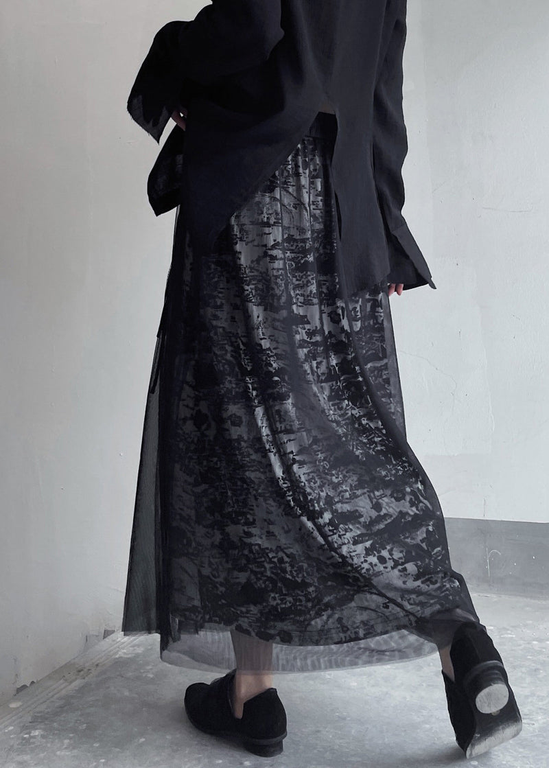 Black Print Elastic Waist Patchwork Tulle Skirt Summer