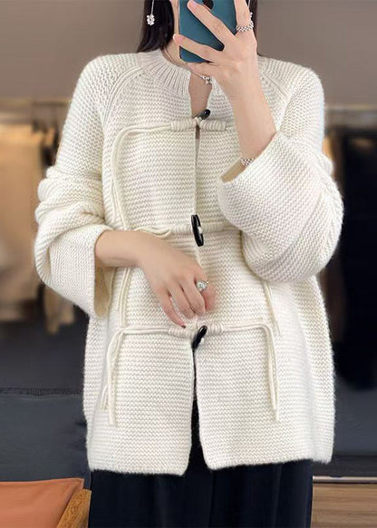 White Woolen Knit Coat O-neck Long Sleeve