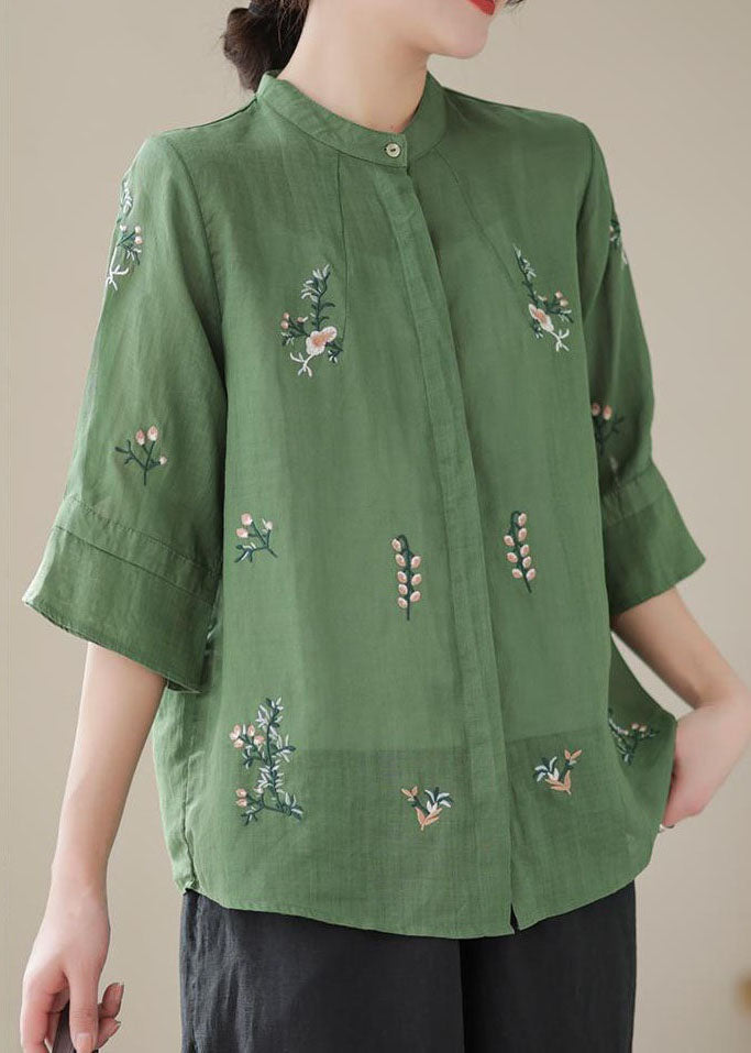 Green Stand Collar Embroideried Patchwork Linen Tops Summer