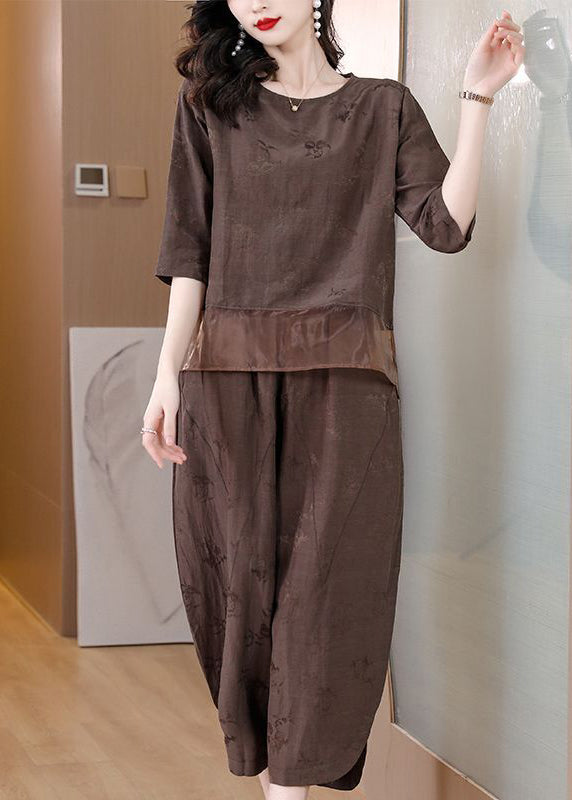 Brown Patchwork Linen Two-piece Set Oversized Jacquard Spring
