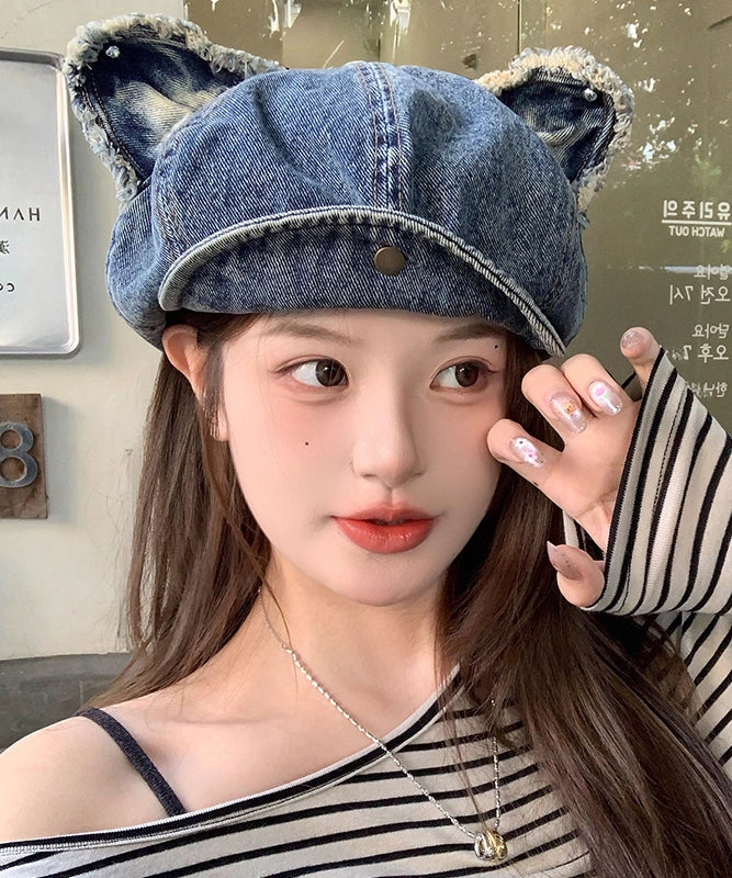 Dark Blue Cat Ear Denim Breton Hat