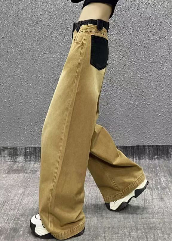 Khaki Pockets Patchwork Denim Wide Leg Pants Fall