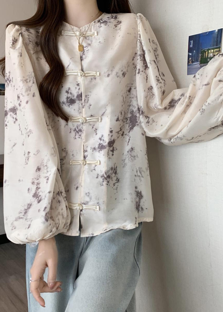 Apricot Chinese Button Tie Dye Silk Blouse Top Fall