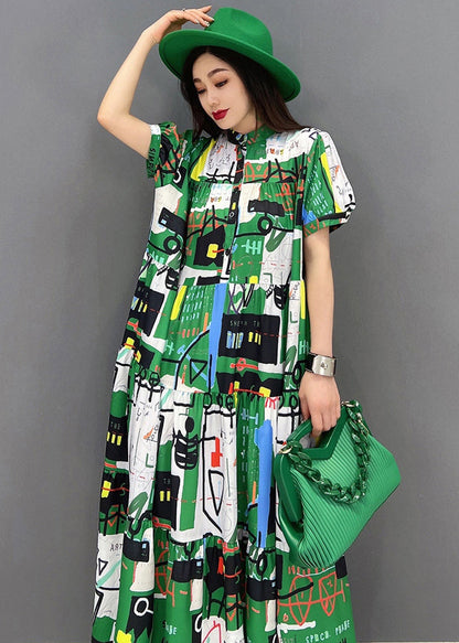 Green Stand Collar Patchwork Exra Large Hem Print Chiffon Maxi Dress Short Sleeve