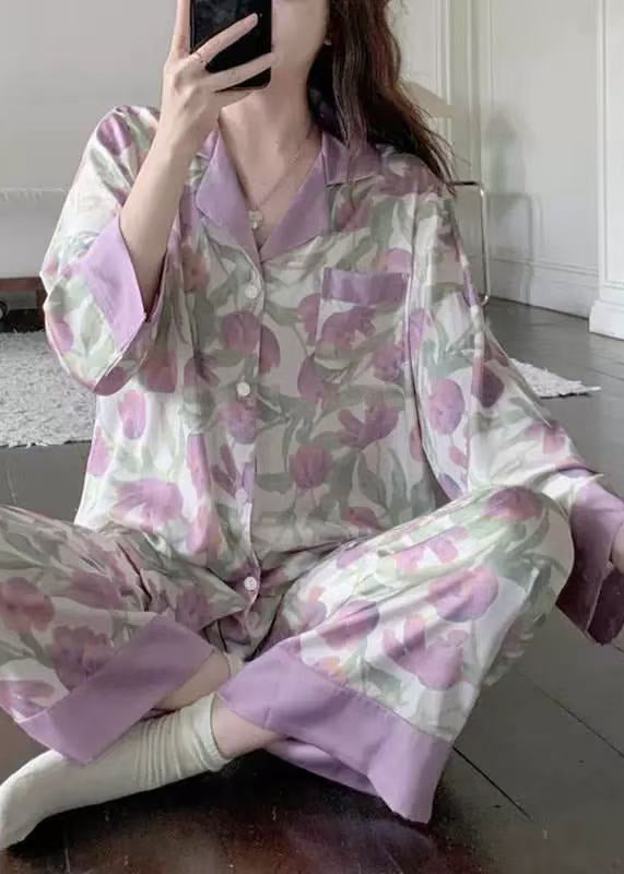 Purple Tulip Print Button Ice Silk Pajamas Two Pieces Set Spring