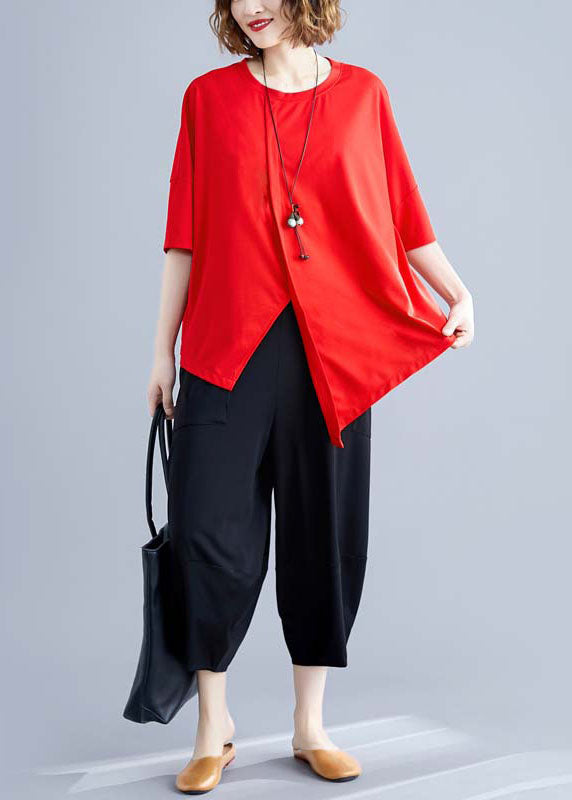 Red O-neck Asymmetrical Patchwork Cotton Two Piece Set Summer
