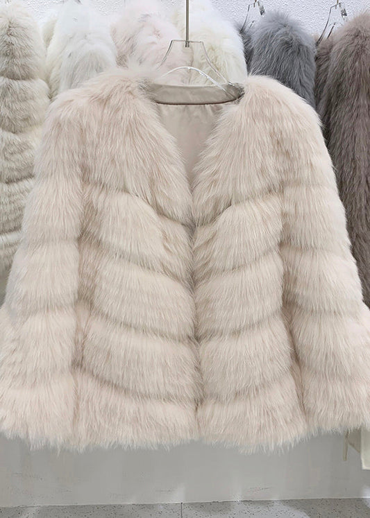 Light Pink V Neck Patchwork Leather and Fur Coats Winter