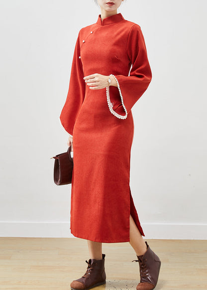 Orange Silm Fit Cotton Vacation Dresses Cheongsam Flare Sleeve