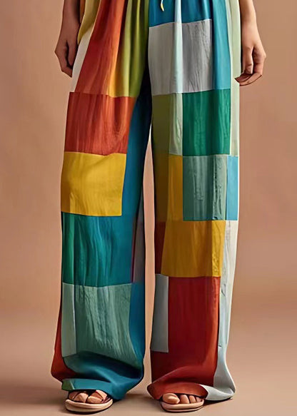 Diy Plaid Elastic Waist Patchwork Cotton Pants Summer