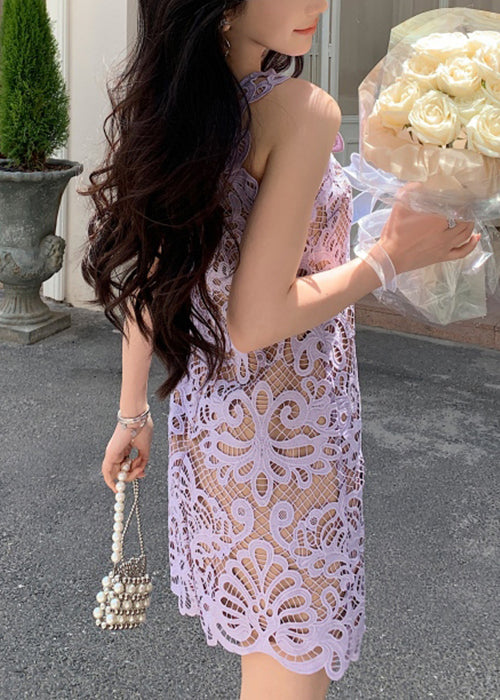 Purple Lace Spaghetti Strap Dress Hollow Out Summer