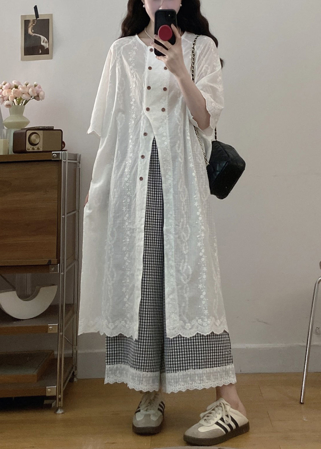 Jacquard White Button Shirt Dress and Plaid Wide Leg Pants Cotton Two Piece Set Half Sleeve